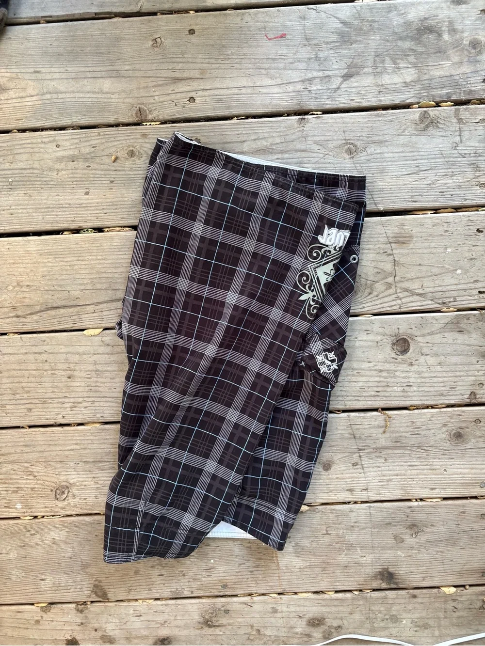 Quiksilver grail Black & Gray Plaid Board shorts.
